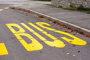 Yellow bus stop road marking symbolizing transport, a Transportation Photo by Bepslabor