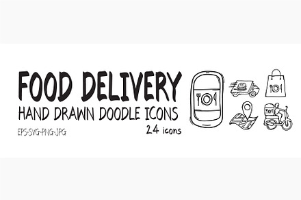 24 Food delivery doodle icons