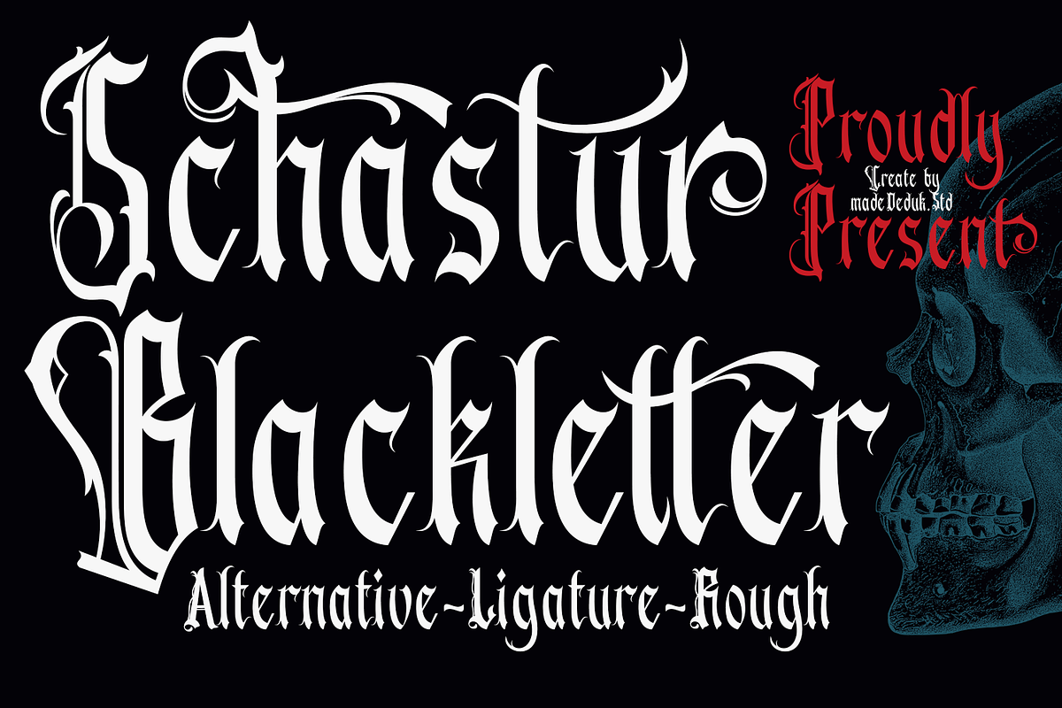 Schastur - Blackletter Typeface, a Blackletter Font by madeDeduk (Photo 1 of 10)