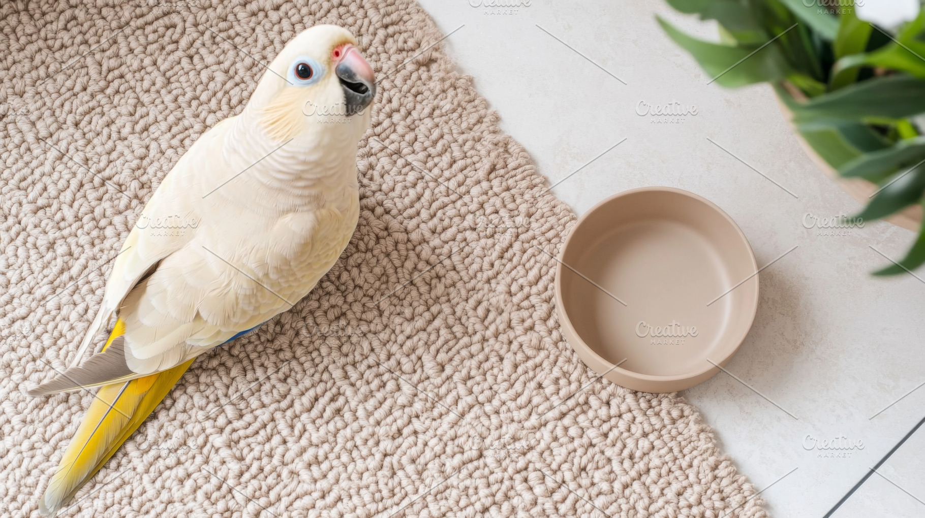 Parrot beside an empty beige food bowl on a woven mat, bird look, a Photo by Dvoevnore photos