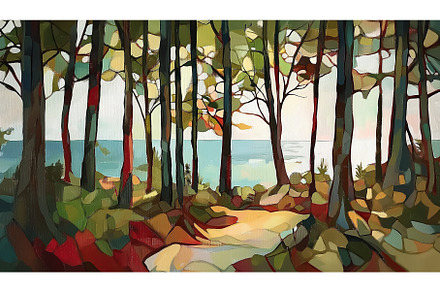Oil painting of forest with tall