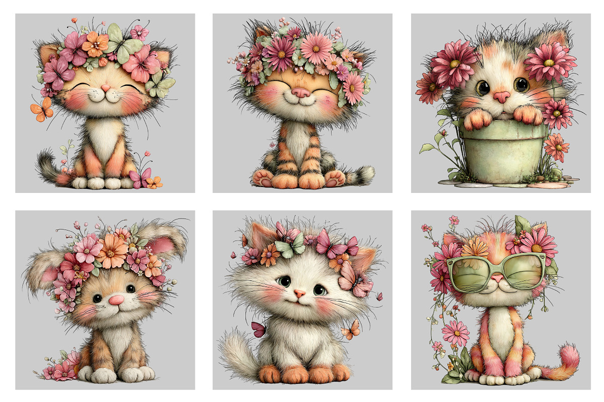 Whimsical Spring Cat Clipart, an Illustration by Black Bird Studio (Photo 5 of 5)