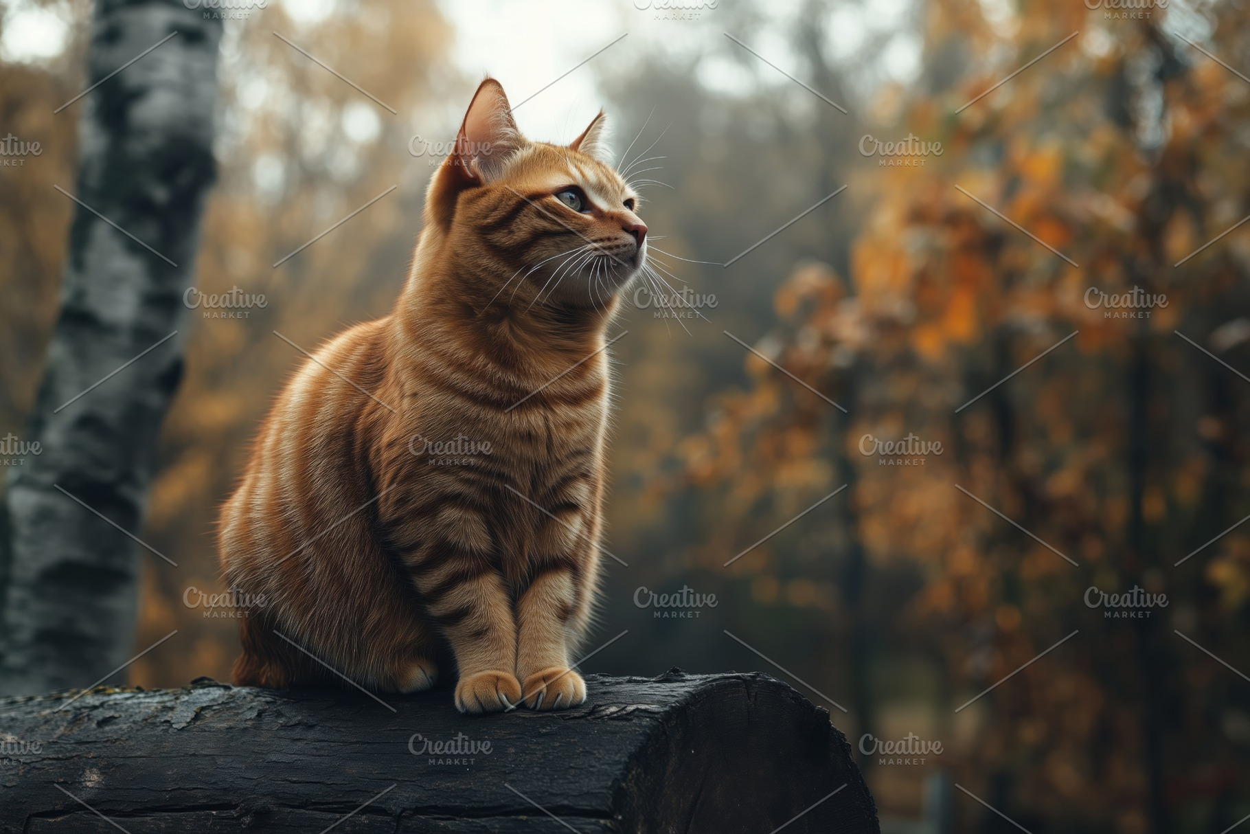 A ginger cat sitting on a log in a forest during autumn. The background feature, an Animal Photo by Textures & Backgrounds