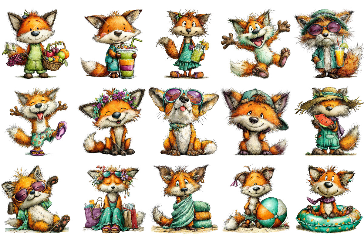 Whimsical Summer Funny Fox Clipart, an Illustration by OK Design (Photo 3 of 6)