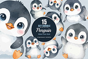 15 Bundle Watercolor Cute Penguin, an Animal Illustration by Morspective (Thumbnail 1 of 8)