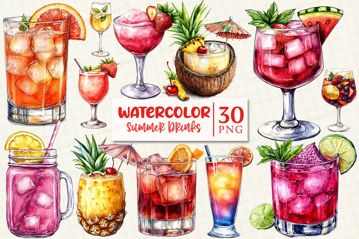 Watercolor Summer Drinks Clipart, an Illustration by OK Design (Photo 1 of 5)