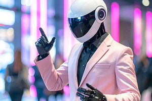 Robot in pink business suit pointing upward with confidence, a Technology Photo by GoodGoods