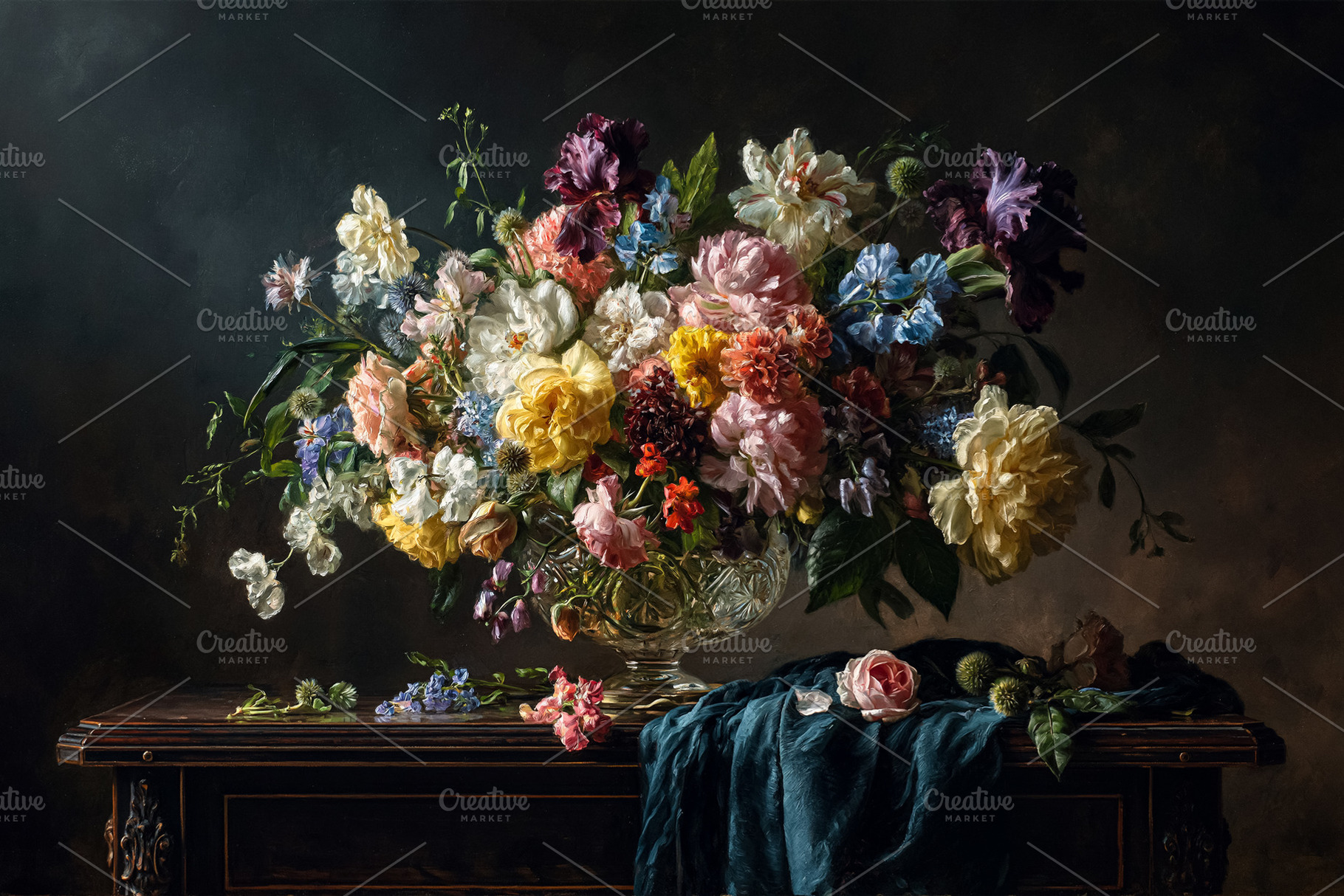 Ornate still life painting with vibrant blooming flowers in a cr, a Photo by Studio ANNA