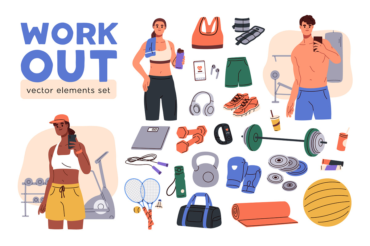 Sports equipment, people in gym set, a Sport Illustration by Good Studio (Photo 1 of 3)