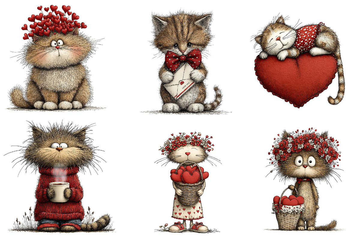 Quirky valentines cats clipart, an Illustration by CreationArt (Photo 3 of 6)