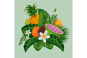 Exotic Fruits In The Tropical Leaves