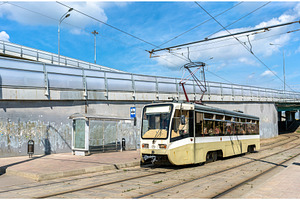 A city tram at Shosse Entuziastov Station in Moscow, Russia, a Transportation Photo by Leonid Andronov