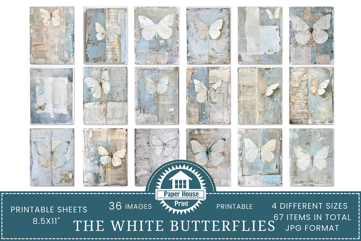 White Butterflies Junk Journal Paper, a Background Graphic by NiiiNArt (Photo 4 of 8)