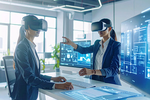 Women using virtual reality in high tech office, a Technology Photo by DanFLCreativo