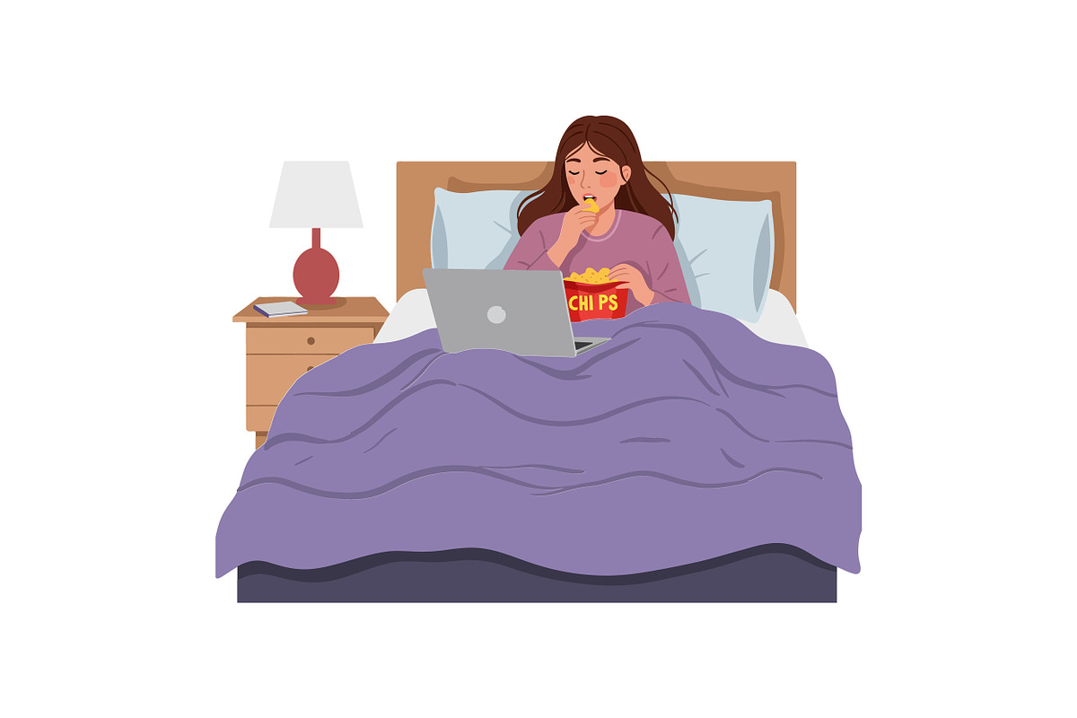 Woman relaxing in bed with laptop an, an Illustration by designvectx