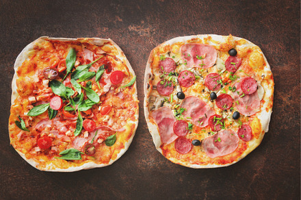 Homemade pizza. Top view with copy, a Food & Drink Photo by Enjoy Photo