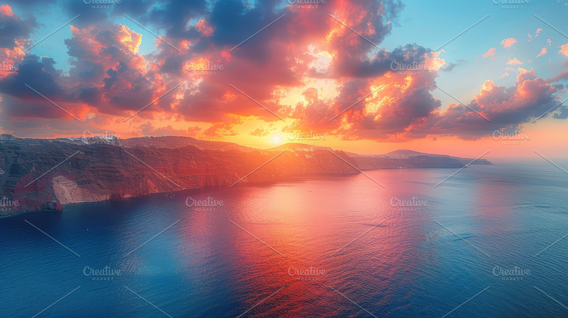 Stunning Sunrise Over Santorini: Panoramic View of the Island Cliffs and Sea, a Photo by AS photostudio