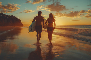 Surfers walk hand in hand along the, a Photo by Tanuart
