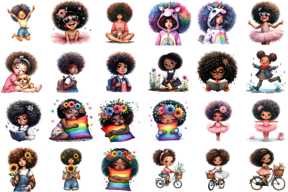 Black Girl Afro Kids Clipart Bundle, an Illustration by Sublimation Artist (Photo 2 of 6)