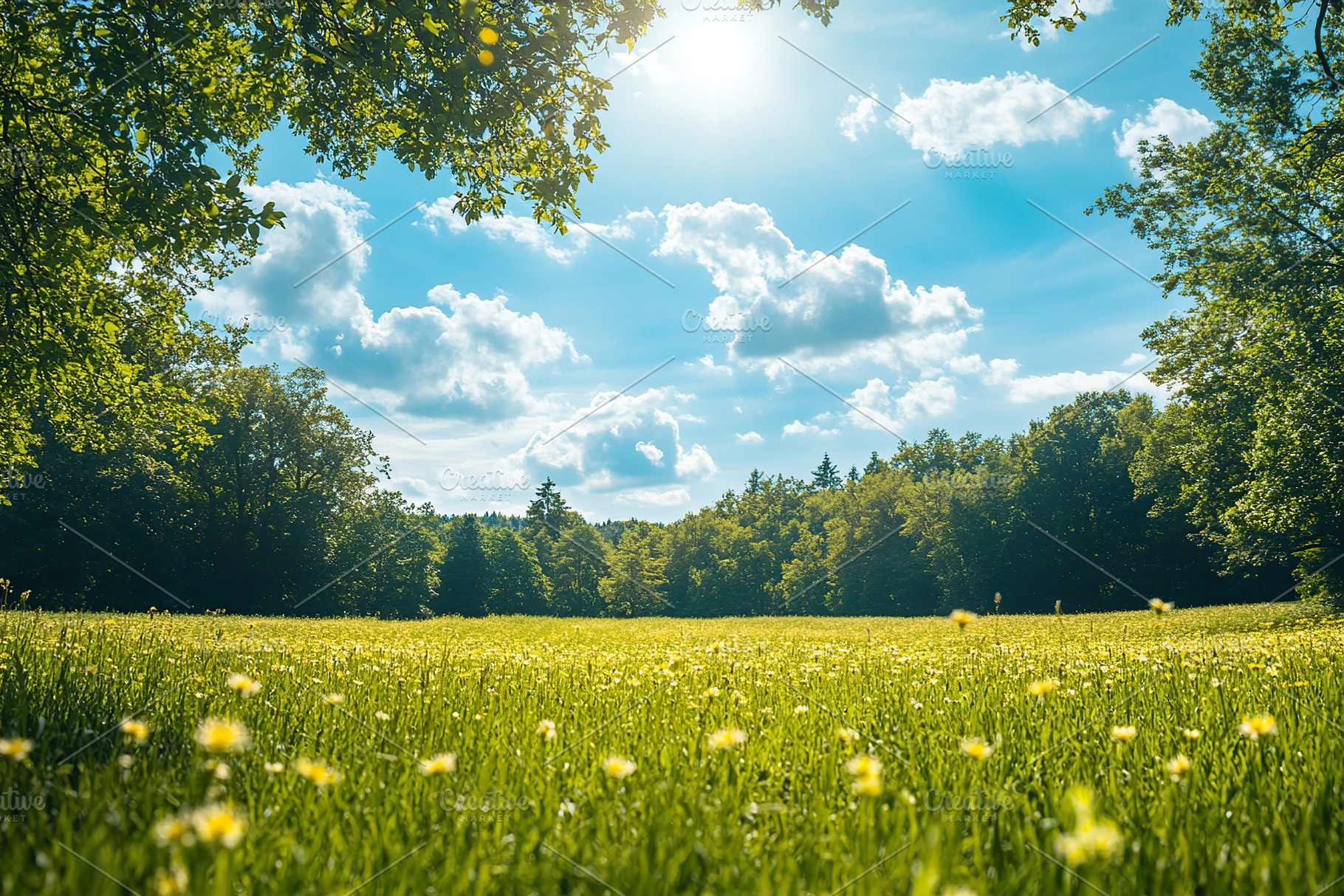Lush green meadow under bright blue sky on a sunny day in a serene nature lands, a Nature Photo by AlyaAnd