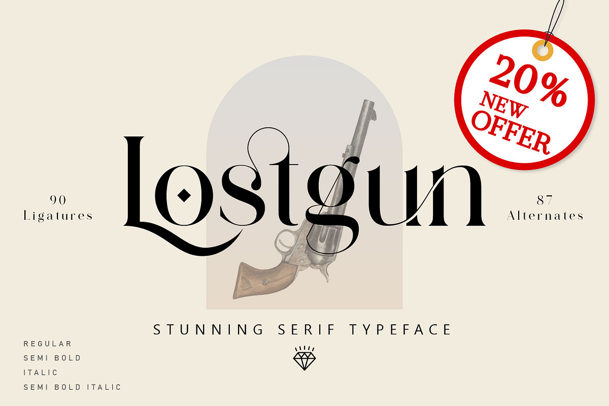 Lostgun | Discount 20%  OFF, a Serif Font by Qaratype (Photo 1 of 20)