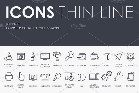 3D Printer Thinline Icons