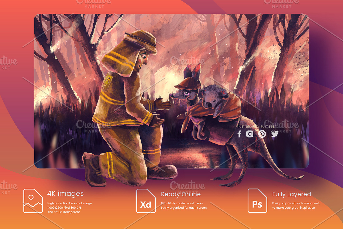 Firefighter helping kangaroo&koala, an Illustration by Artmeesri (Photo 3 of 3)