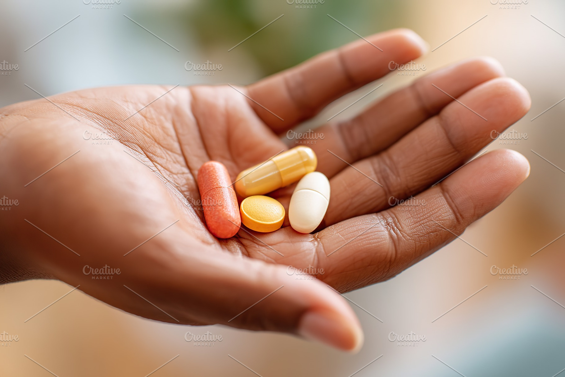 Hand holding various dietary supplements and vitamins for health and wellness, a Health & Medical Photo by AlyaAnd