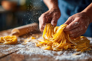 Fettuccine pasta being expertly rolled and cut on a rustic wooden table, a Food & Drink Photo by AlyaAnd