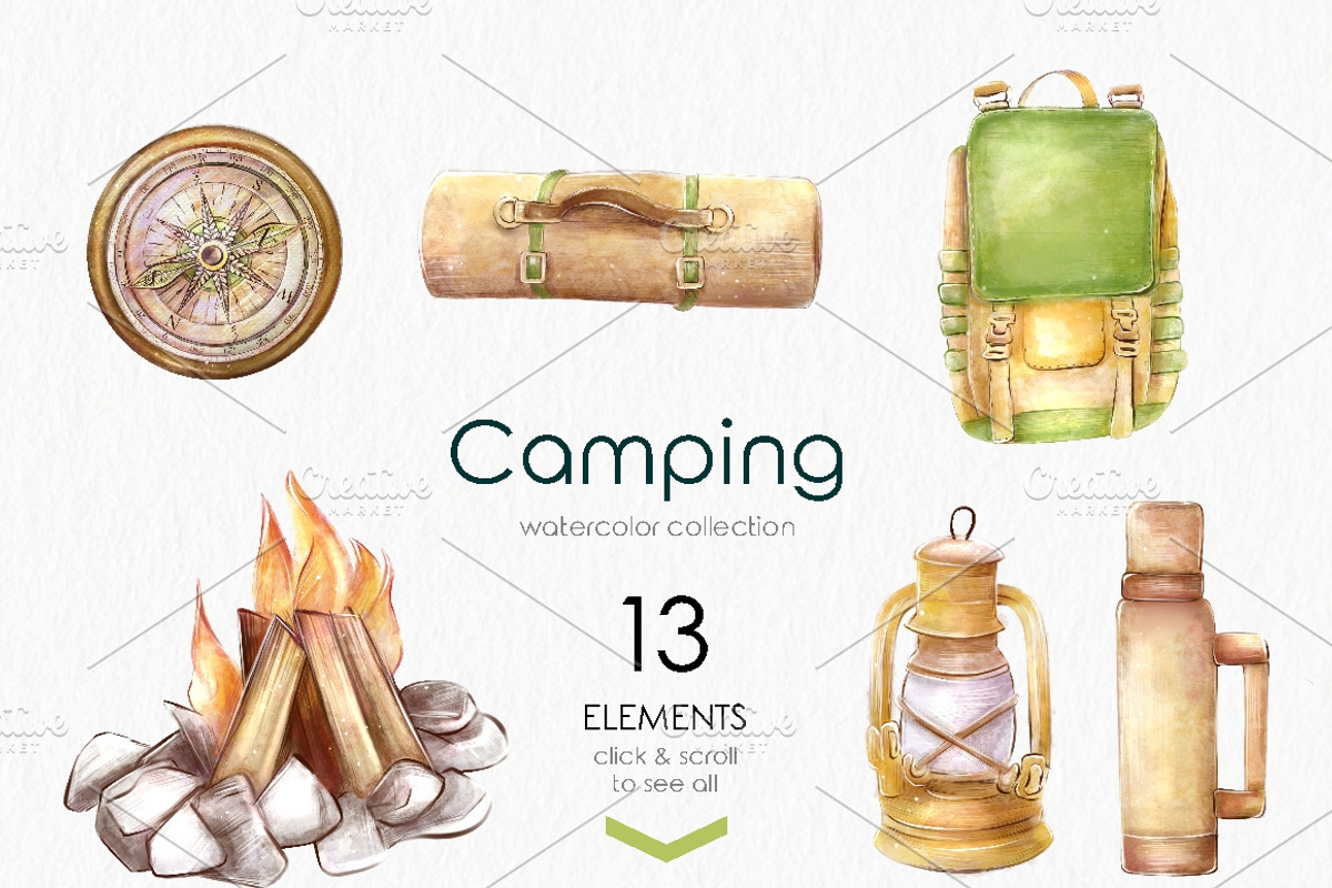 Camping watercolor clip art, a Sport Illustration by katmonne (Photo 2 of 9)