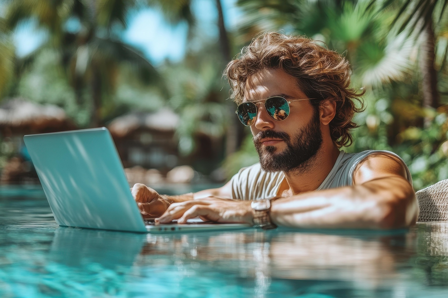 Working remotely by the pool in a tr, a Photo by Tanuart
