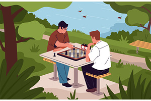 Guys in park playing chess. Outdoor, a Sport Illustration by YummyBuum