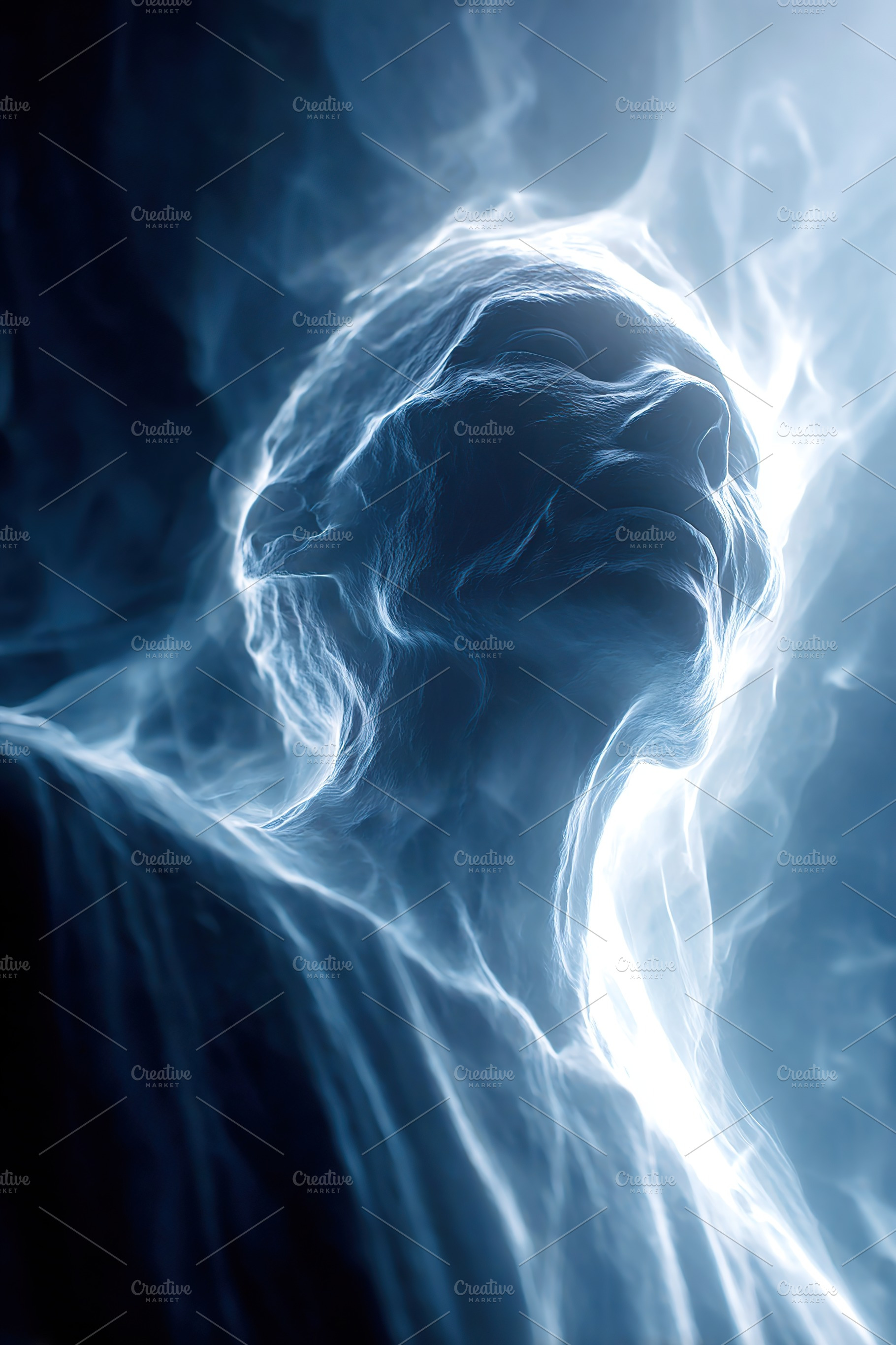 Ethereal portrait of an elderly figure surrounded by glowing abstract light dur, a Photo by AlyaAnd