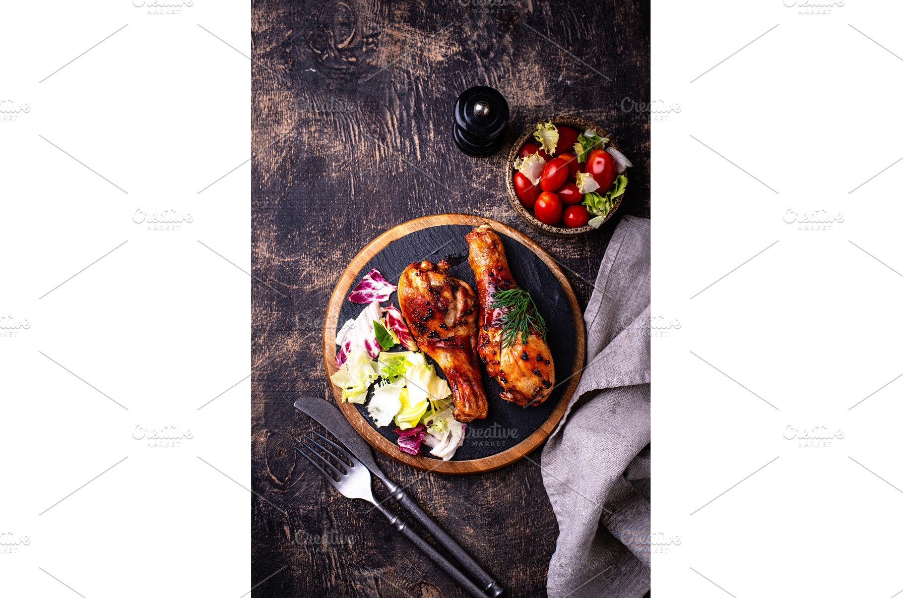 Roasted chicken drumsticks with, a Food & Drink Photo by Yulia Furman