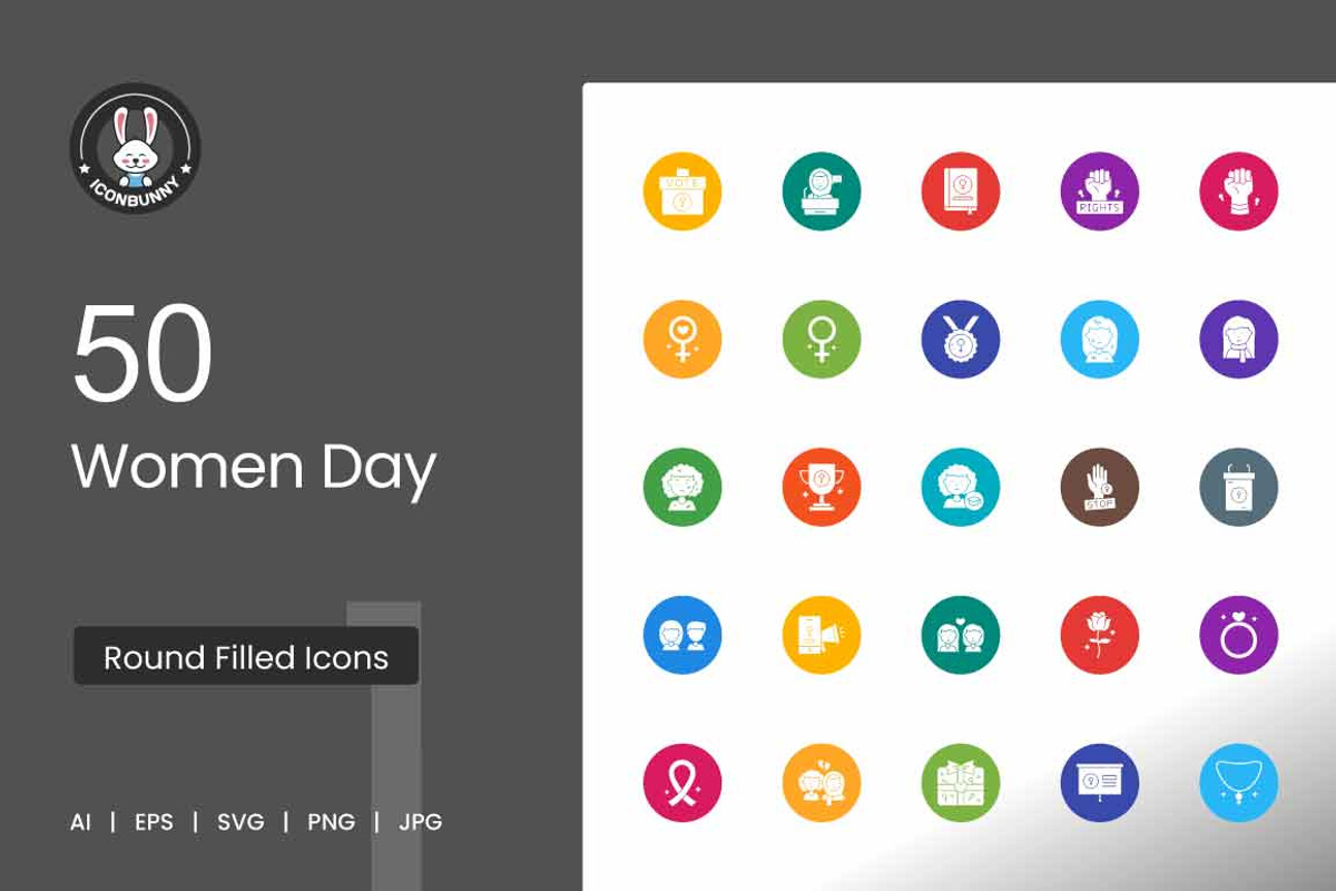 50 Women Day Round Filled Icons, an Icon by IconBunny (Photo 1 of 2)