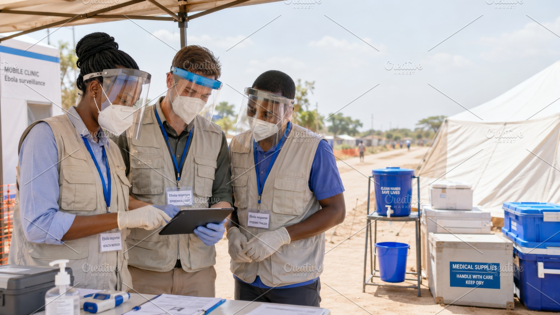 Healthcare workers at Ebola outbreak, a Photo by Dvoevnore photos