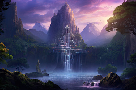 Fantasy landscape with a waterfall i, a Photo by Iftikhar Alam