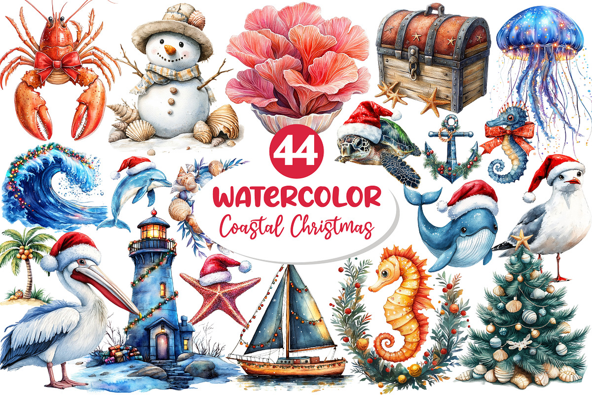Watercolor Coastal Christmas Clipart, an Illustration by Dream Creation (Photo 1 of 5)