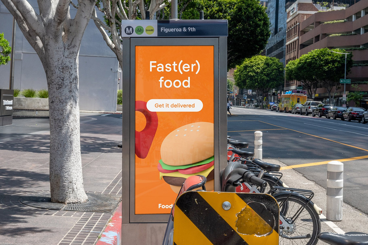 Downtown Urban Sidewalk Sign PSD Mockup