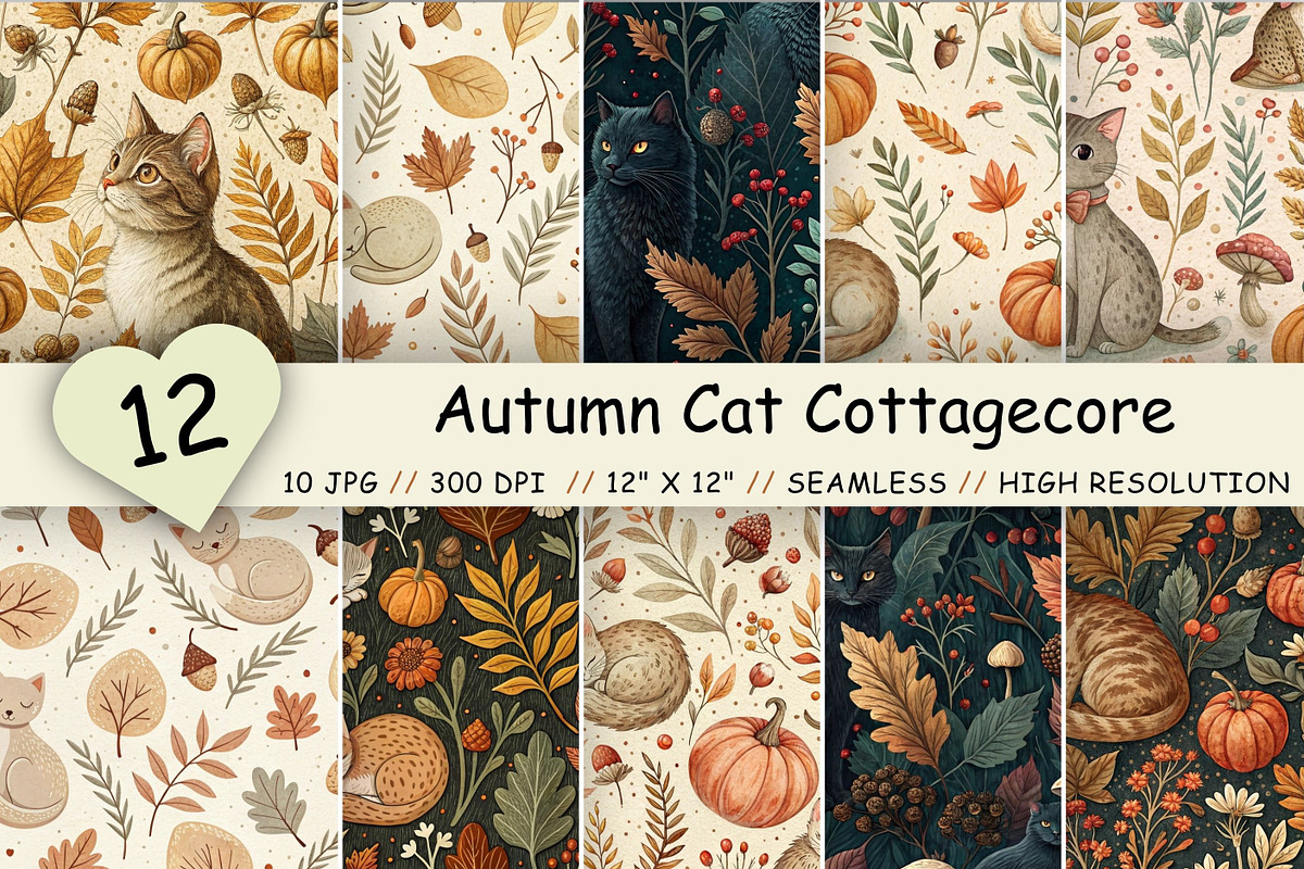 Autumn Cat Cottagecore Digital Paper, a Pattern Graphic by FloridPrintables (Photo 1 of 9)