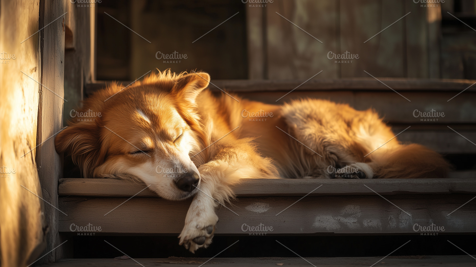Fluffy dog peacefully naps on stairs, an Animal Photo by MistyDay