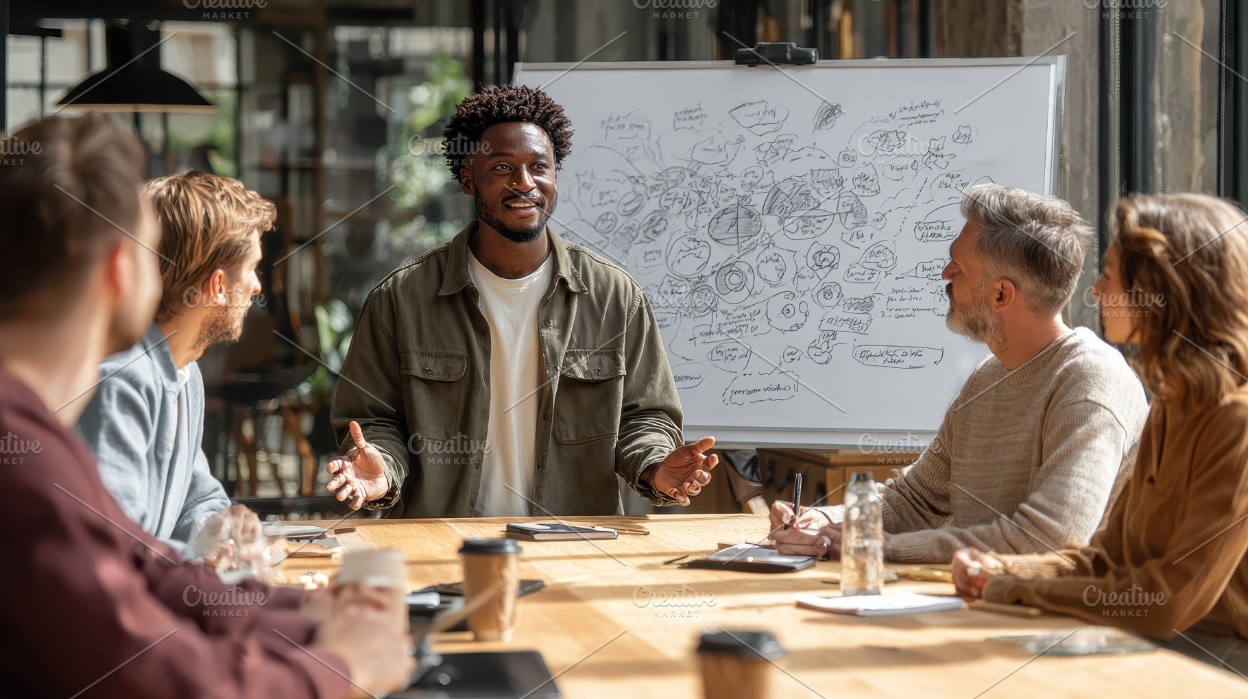 Man presenting project ideas to team, a Photo by Pixeness Studio
