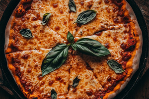 Skillet pizza with cheese and basil, a Food & Drink Photo by MistyDay