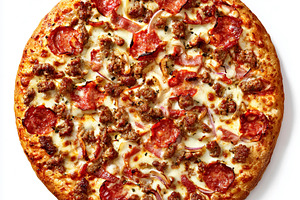 Meat lovers pizza featuring pepperoni slices, ground sausage, ha, a Photo by Studio ANNA