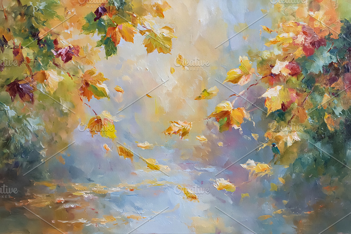Autumn breeze scattering golden maple leaves over water capturing the warm ligh, an Illustration by Studio ANNA