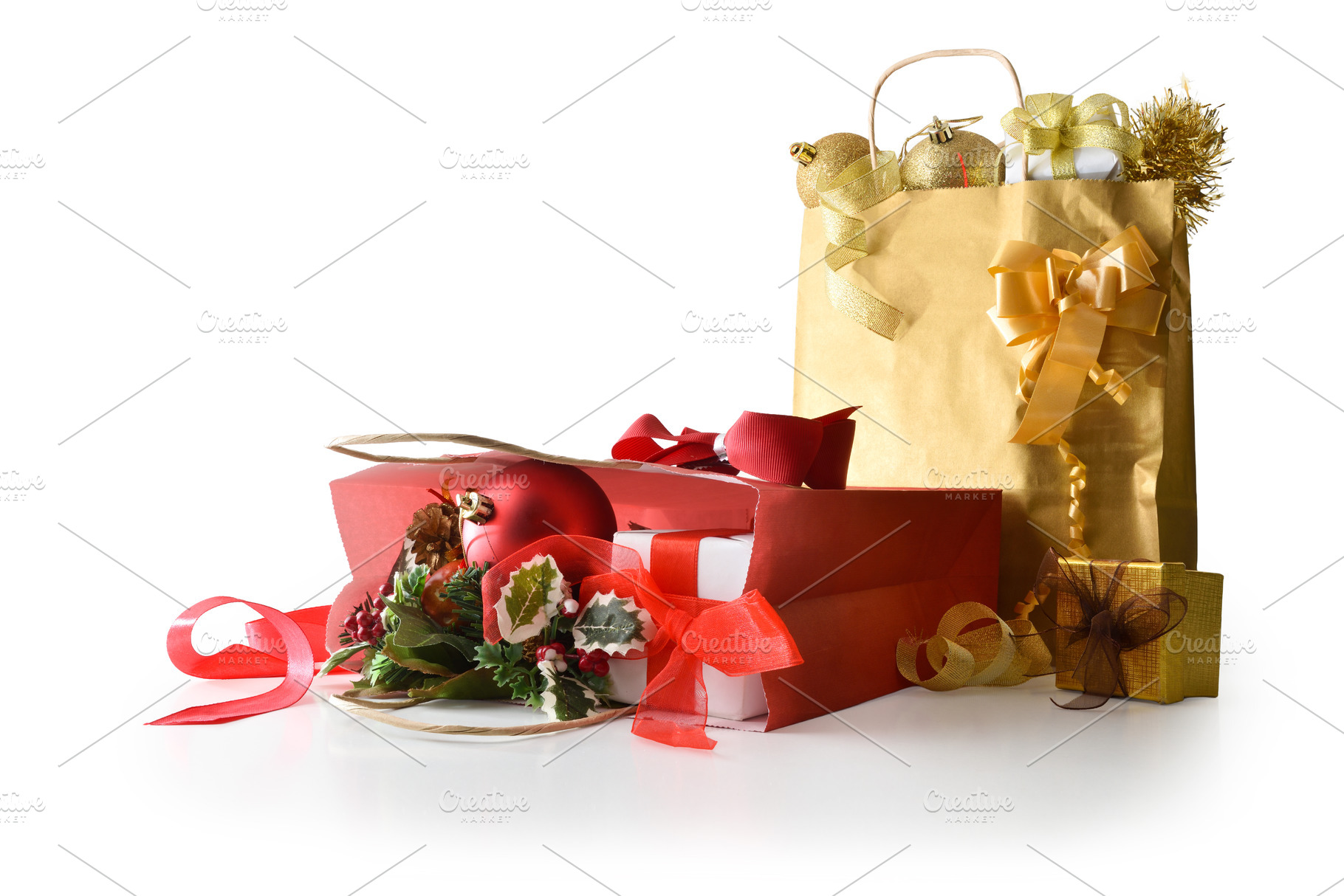 Red and gold paper gift bags with Christmas decorations cut-ou, a Holiday Photo by Davizro's Market