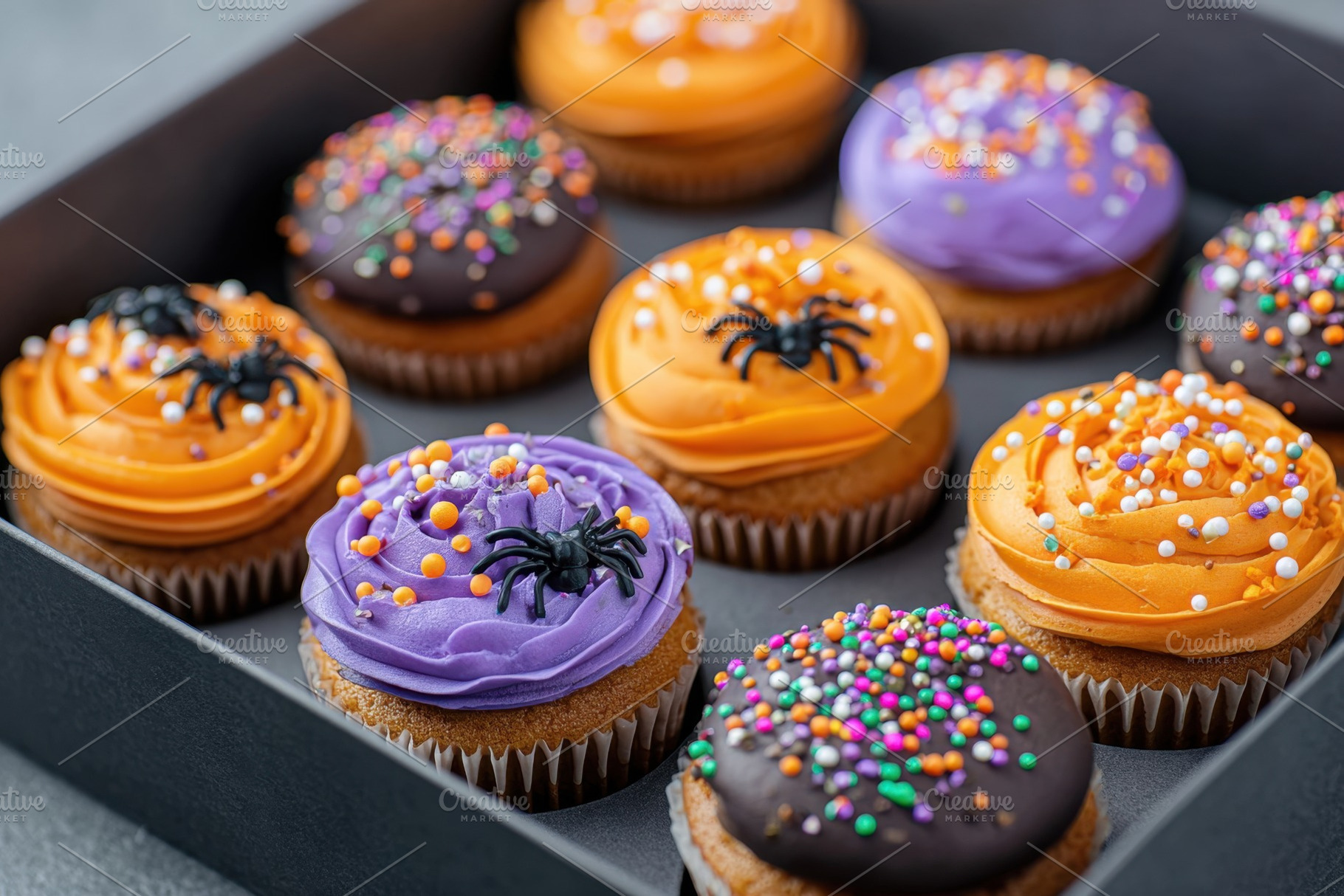 Festive cupcakes decorated for halloween holiday in gift box, a Food & Drink Photo by AlyaAnd