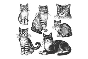 Cats set engraving sketch vector, an Animal Illustration by AlexArt
