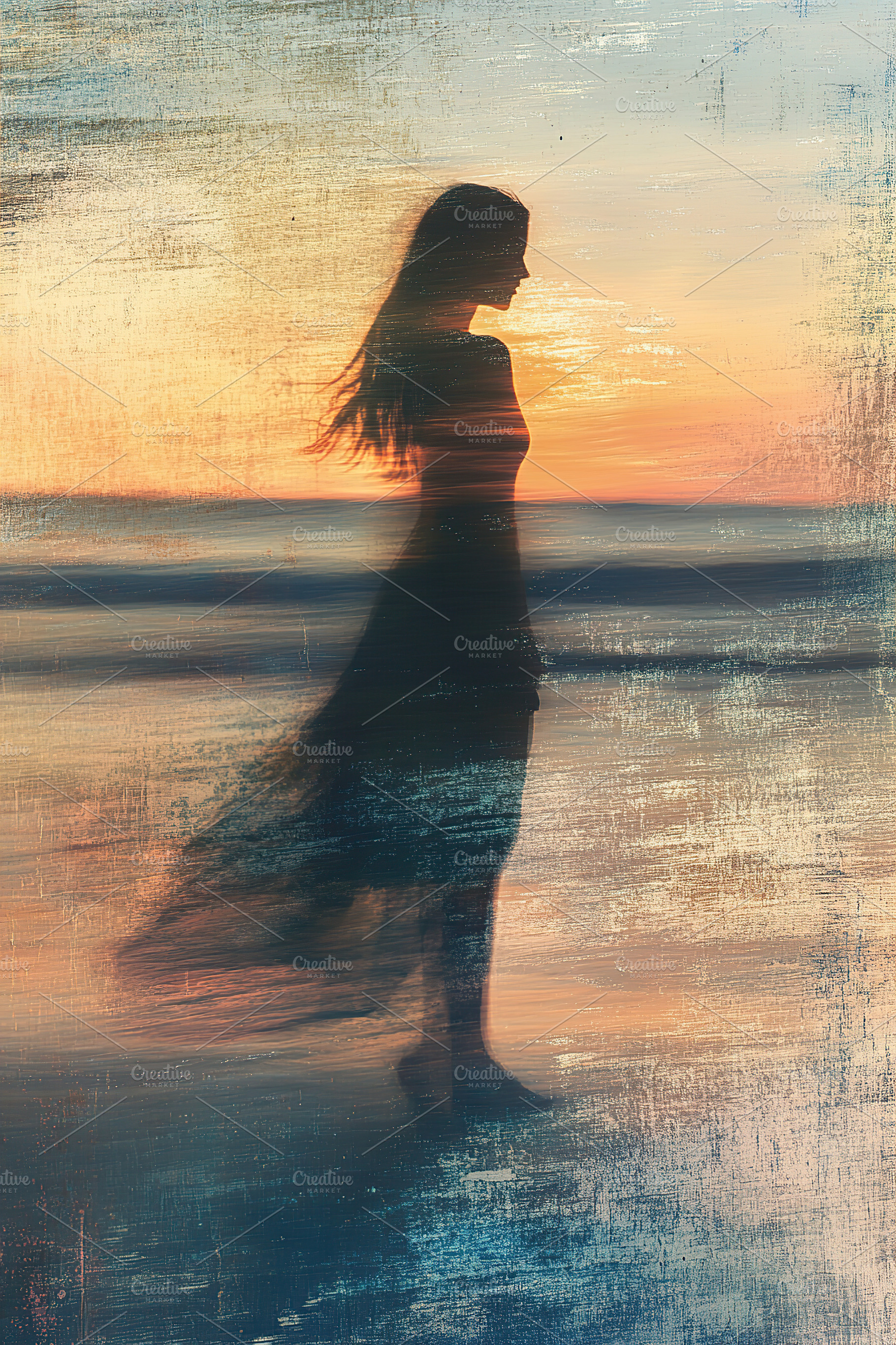 Silhouette of a woman at sunset by the ocean with flowing dress and soft waves, a Photo by AlyaAnd