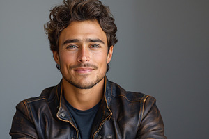 Smiling young man with curly hair and blue eyes, wearing a leather jacket, exud, a Person Photo by ImageMir